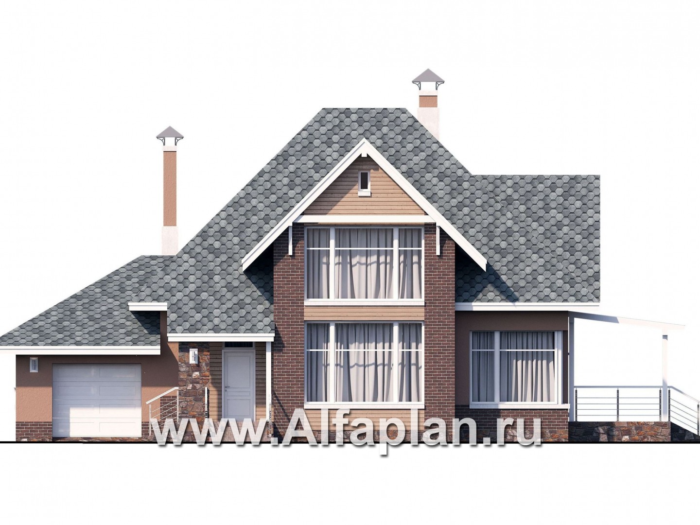 Проекты домов Альфаплан - «Домик в Коломне» - уютный дом с мансардой и гаражом - изображение фасада №1