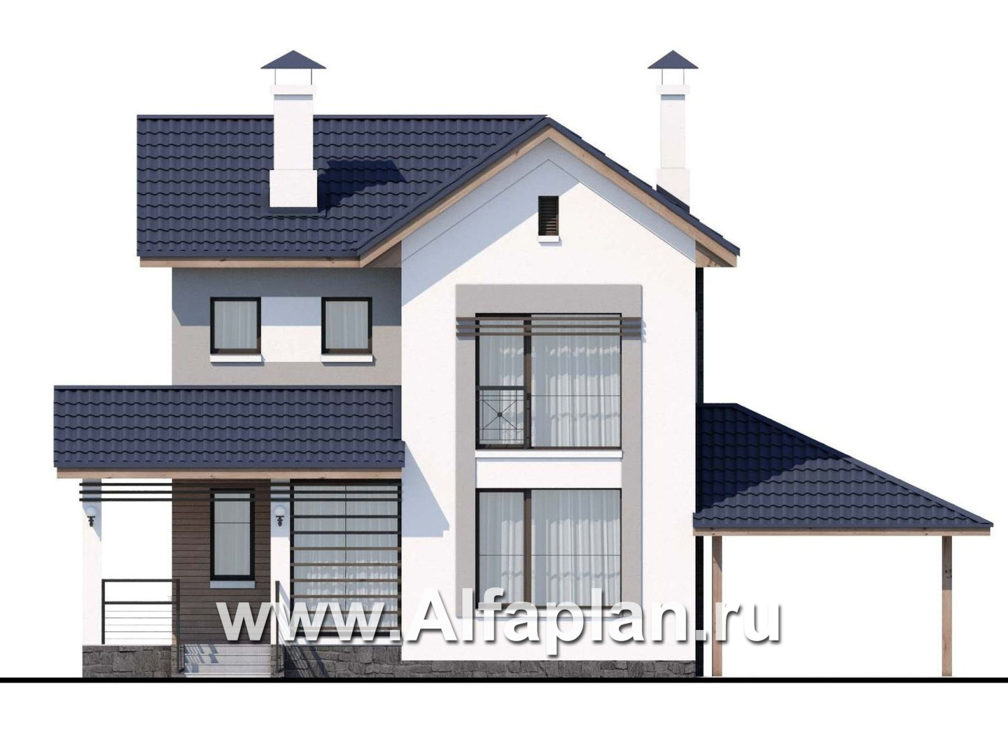 Проекты домов Альфаплан - «Каюткомпания» - проект двухэтажного дома для небольшой семьи, 3 спальни, с навесом для авто - изображение фасада №1