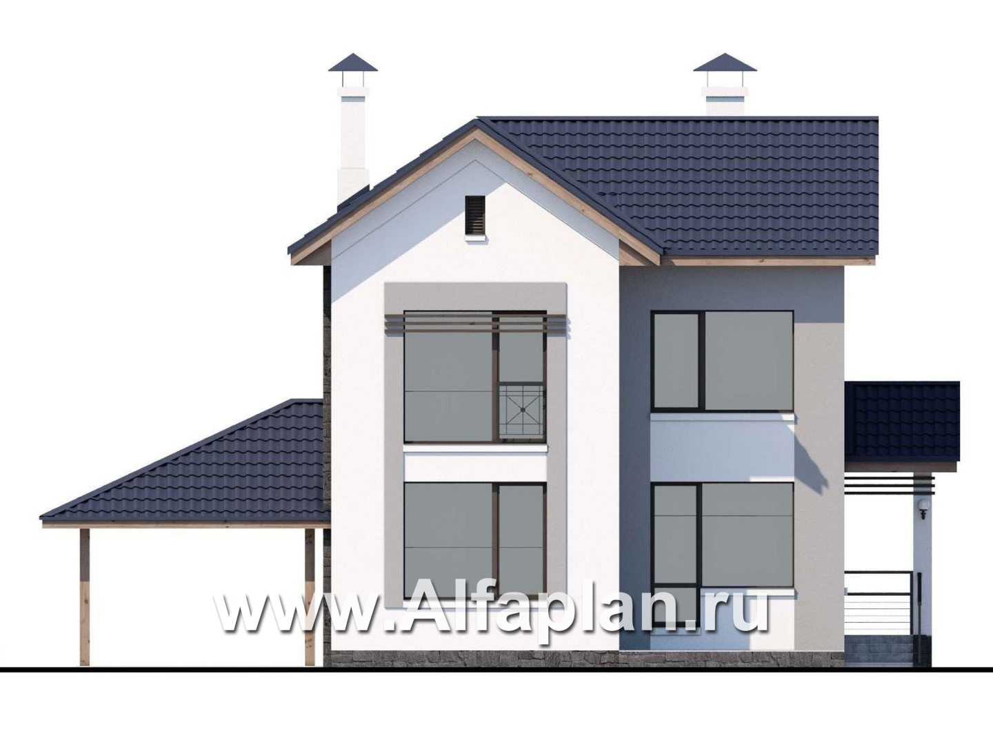 Проекты домов Альфаплан - «Каюткомпания» - проект двухэтажного дома для небольшой семьи, 3 спальни, с навесом для авто - изображение фасада №4