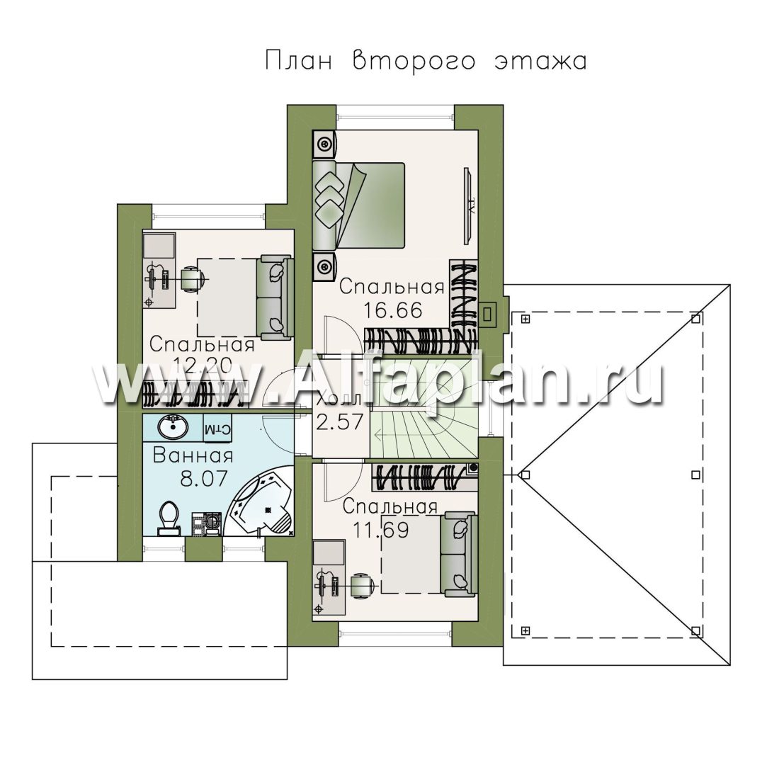 Проекты домов Альфаплан - «Каюткомпания» - проект двухэтажного дома для небольшой семьи, 3 спальни, с навесом для авто - изображение плана проекта №2