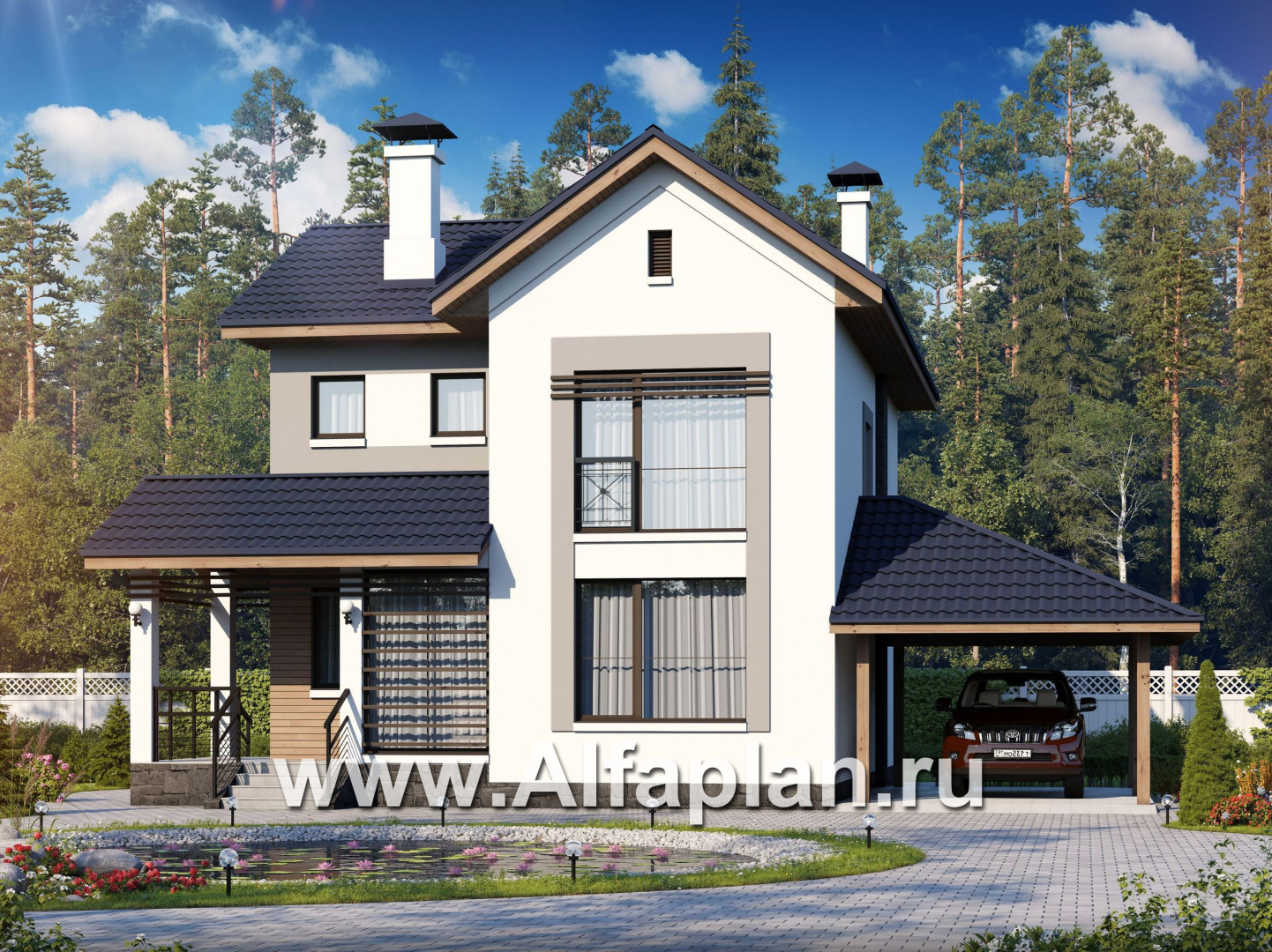 Проекты домов Альфаплан - «Каюткомпания» - проект двухэтажного дома для небольшой семьи, 3 спальни, с навесом для авто - основное изображение