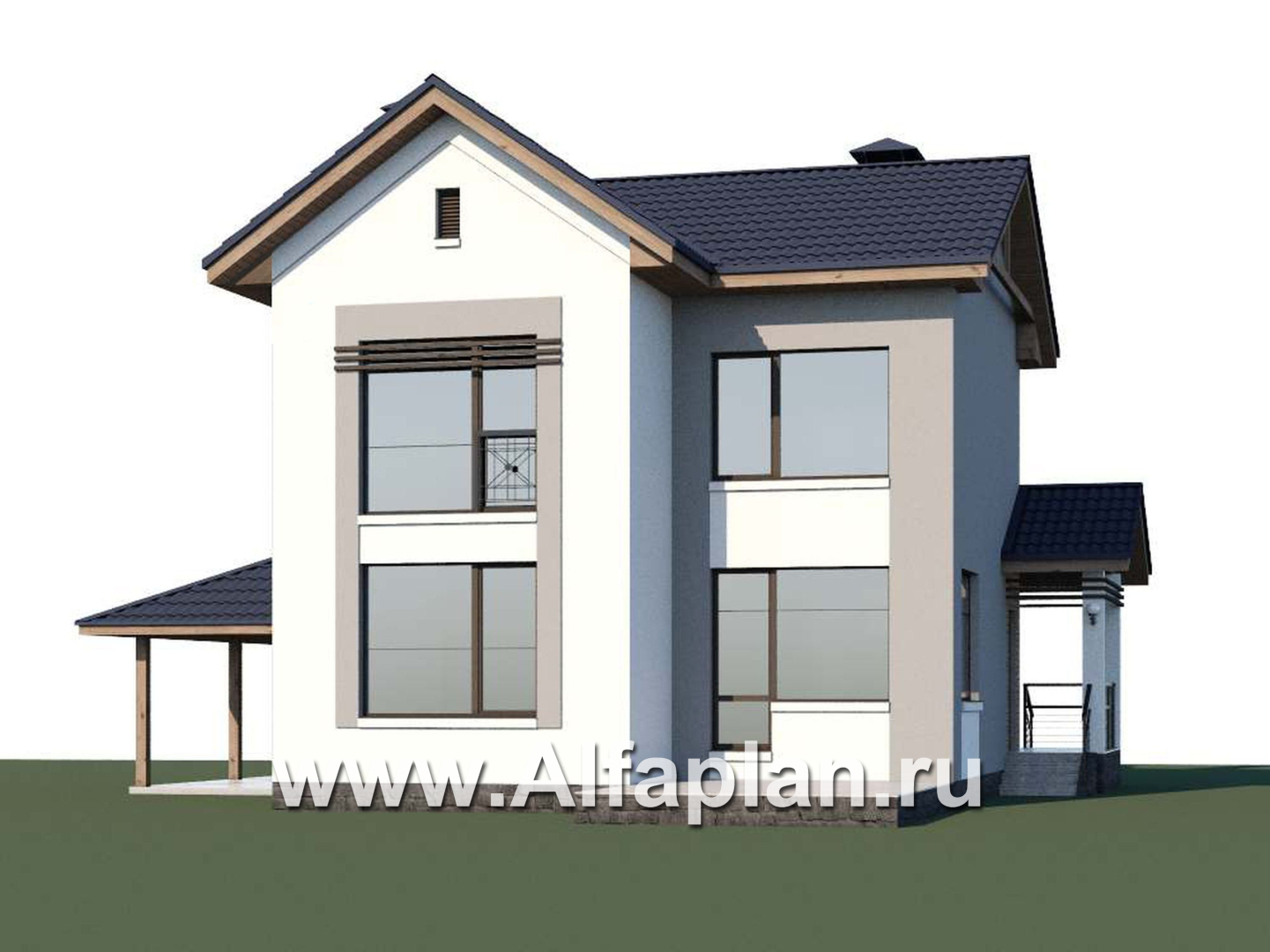 Проекты домов Альфаплан - «Каюткомпания» - проект двухэтажного дома для небольшой семьи, 3 спальни, с навесом для авто - дополнительное изображение №1