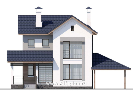 Проекты домов Альфаплан - «Каюткомпания» - проект двухэтажного дома для небольшой семьи, 3 спальни, с навесом для авто - превью фасада №1