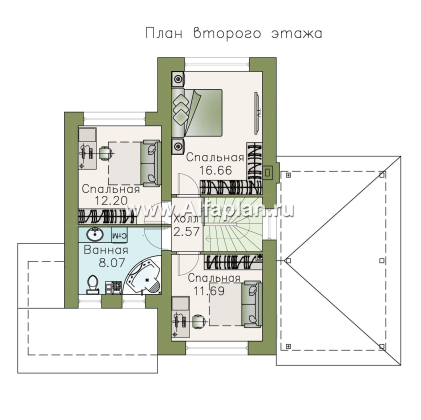 Проекты домов Альфаплан - «Каюткомпания» - проект двухэтажного дома для небольшой семьи, 3 спальни, с навесом для авто - превью плана проекта №2