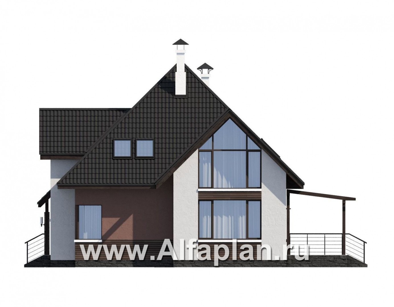 Проекты домов Альфаплан - «Сириус» - красивый коттедж, проект дома с мансардой из кирпича, с террасой, современный стиль - изображение фасада №2