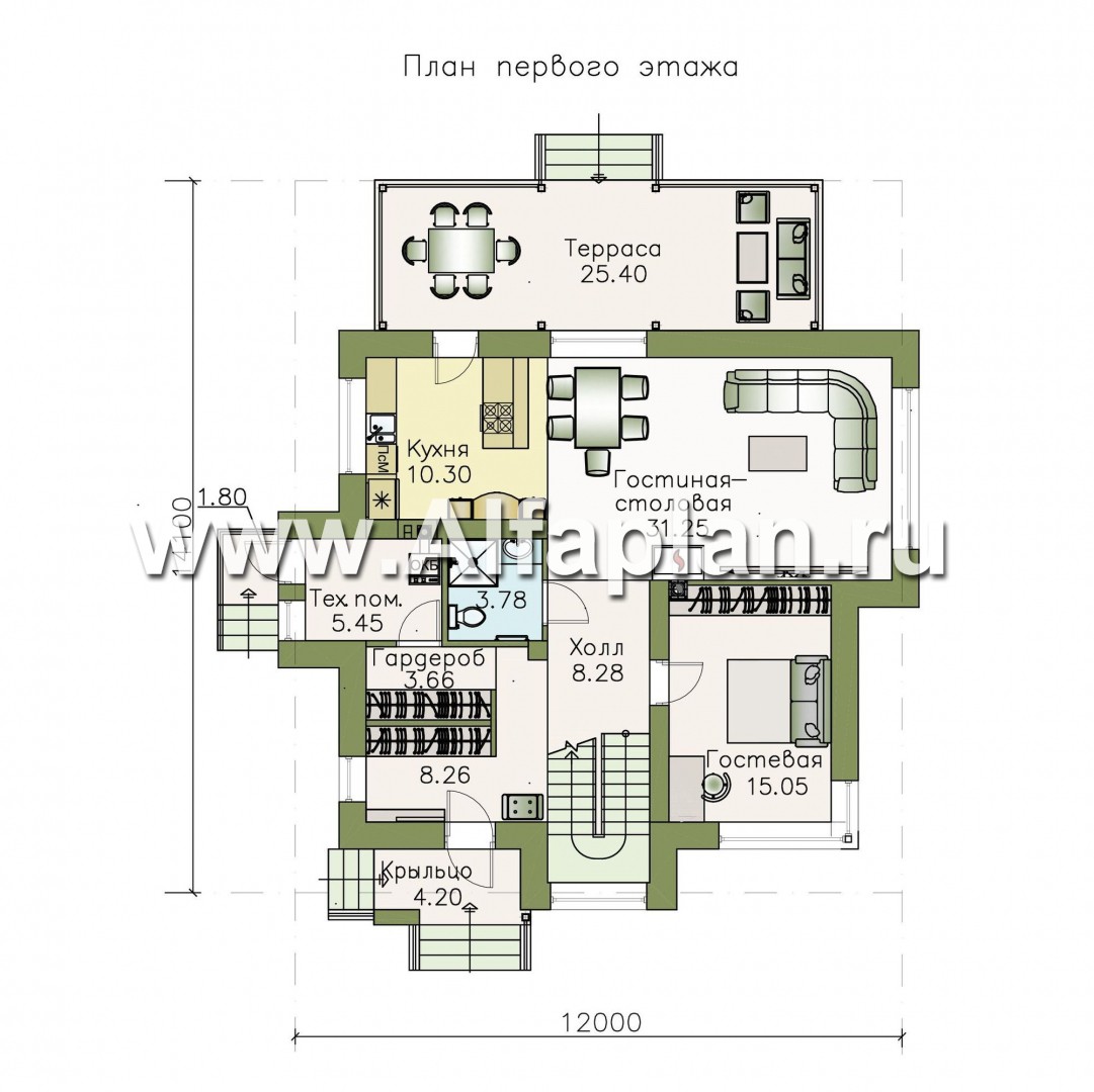 Проекты домов Альфаплан - «Сириус» - красивый коттедж, проект дома с мансардой из кирпича, с террасой, современный стиль - план проекта №1