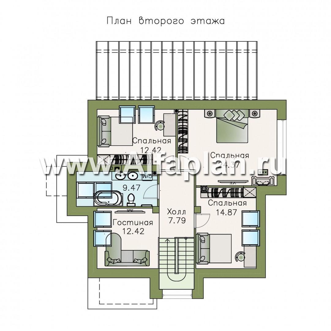 Проекты домов Альфаплан - «Сириус» - красивый коттедж, проект дома с мансардой из кирпича, с террасой, современный стиль - план проекта №2