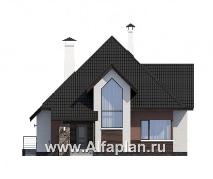 Проекты домов Альфаплан - «Сириус» - красивый коттедж, проект дома с мансардой из кирпича, с террасой, современный стиль - превью фасада №1
