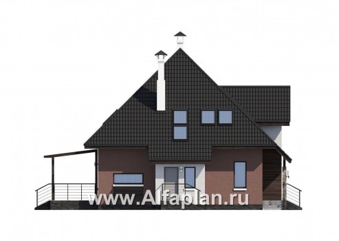 Проекты домов Альфаплан - «Сириус» - красивый коттедж, проект дома с мансардой из кирпича, с террасой, современный стиль - превью фасада №3