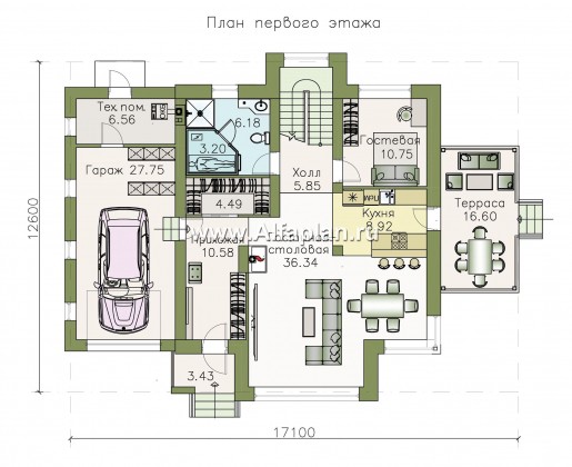 «Арктур» - проект дома с мансардой, из газобетона, с сауной и с террасой, с гаражом, современный стиль - превью план дома