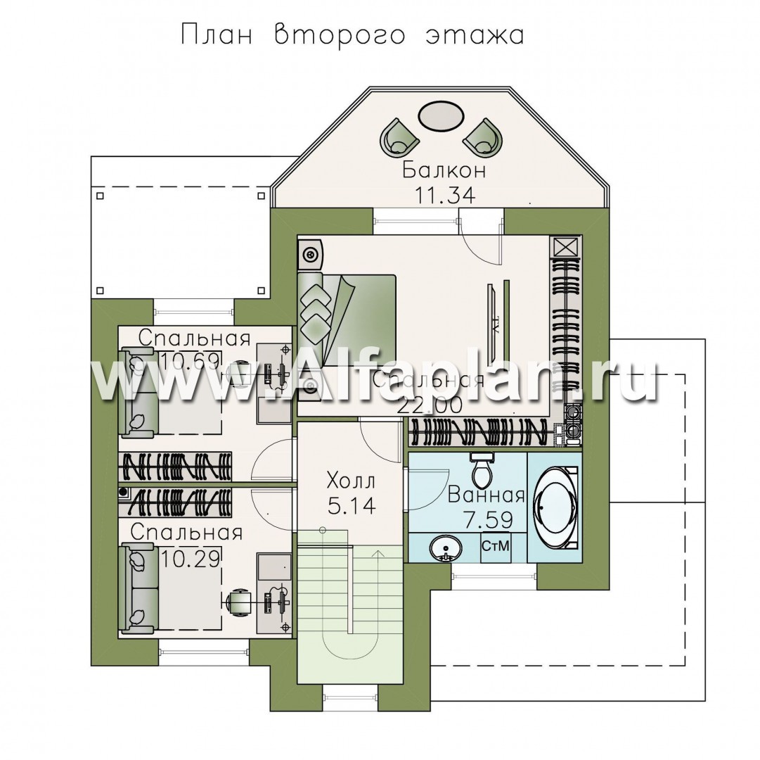 Проекты домов Альфаплан - «Ожерелье» - удобный мансардный дом с красивой гостиной - изображение плана проекта №2