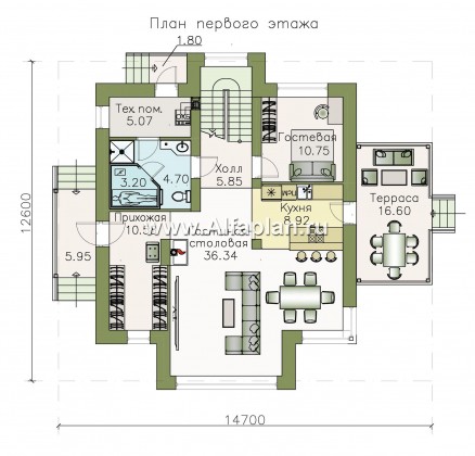 «Гемма»  - проект дома с мансардой, из газобетона, с сауной и с террасой, современный стиль - превью план дома