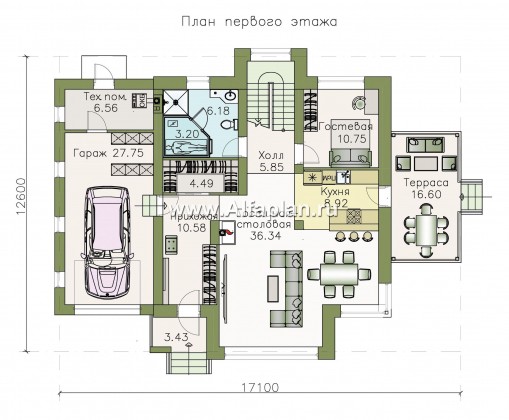 «Гемма»  - проект дома с мансардой, из газобетона, с сауной и с террасой, с гаражом, современный стиль - превью план дома