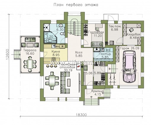 «Плеяды» — проект дома с мансардой, из кирпича или газобетона, с террасой и с сауной, с гаражом - превью план дома