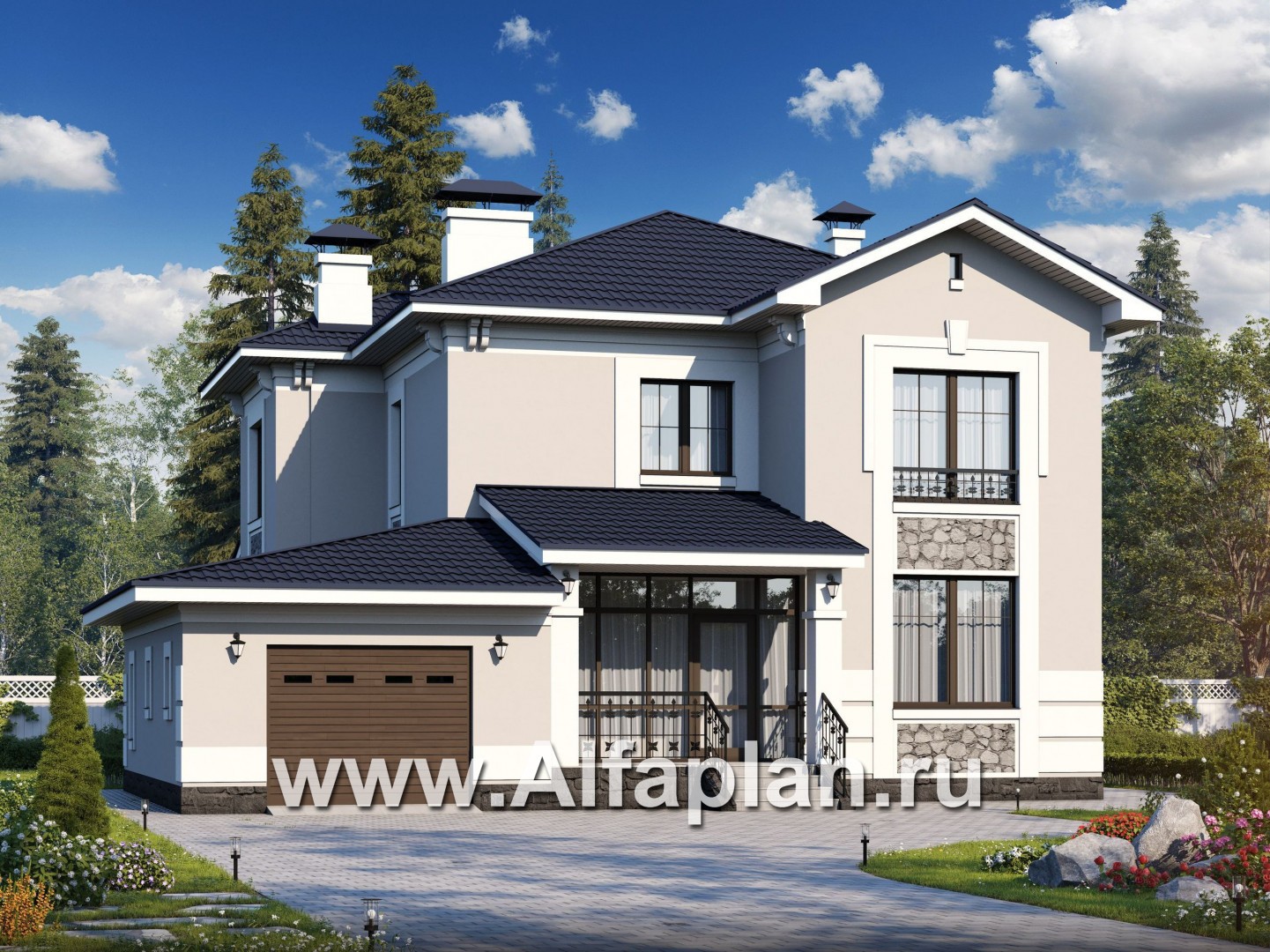 Проекты домов Альфаплан - «Белоостров» - коттедж с удобной планировкой и теплым гаражом - основное изображение