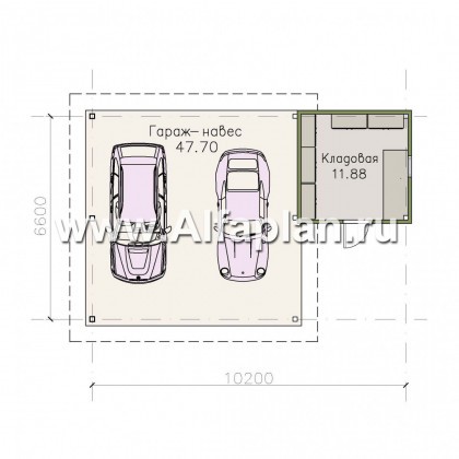 Навес стоянка для 2 авто с небольшой кладовой, в современном стиле - превью план дома