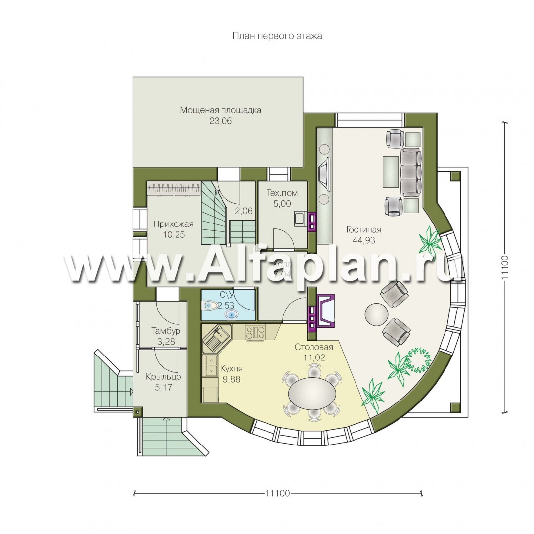 Проекты домов Альфаплан - «Свой остров» - коттедж с полукруглой гостиной и мансардными окнами - изображение плана проекта №1