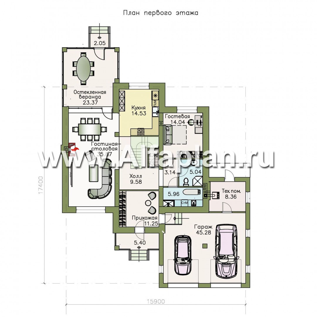 Проекты домов Альфаплан - «Семь ветров» - двухэтажный  комфортабельный коттедж с большим гаражом. - изображение плана проекта №1