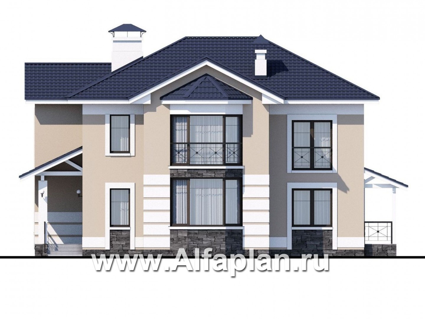 Проекты домов Альфаплан - «Диадема» - классический коттедж с изящным остекленным эркером - изображение фасада №1