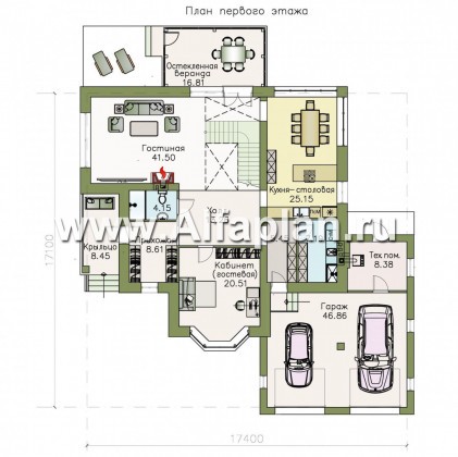 Проекты домов Альфаплан - «Диадема»- респектабельный коттедж с большим гаражом - превью плана проекта №1