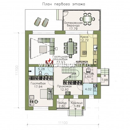Проекты домов Альфаплан - «Седьмая высота» - проект двухэтажного современного дома с большой гостиной - превью плана проекта №1