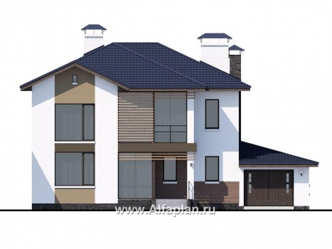 Проекты домов Альфаплан - «Седьмая высота» - современный коттедж с гаражом и просторной верандой - превью фасада №1