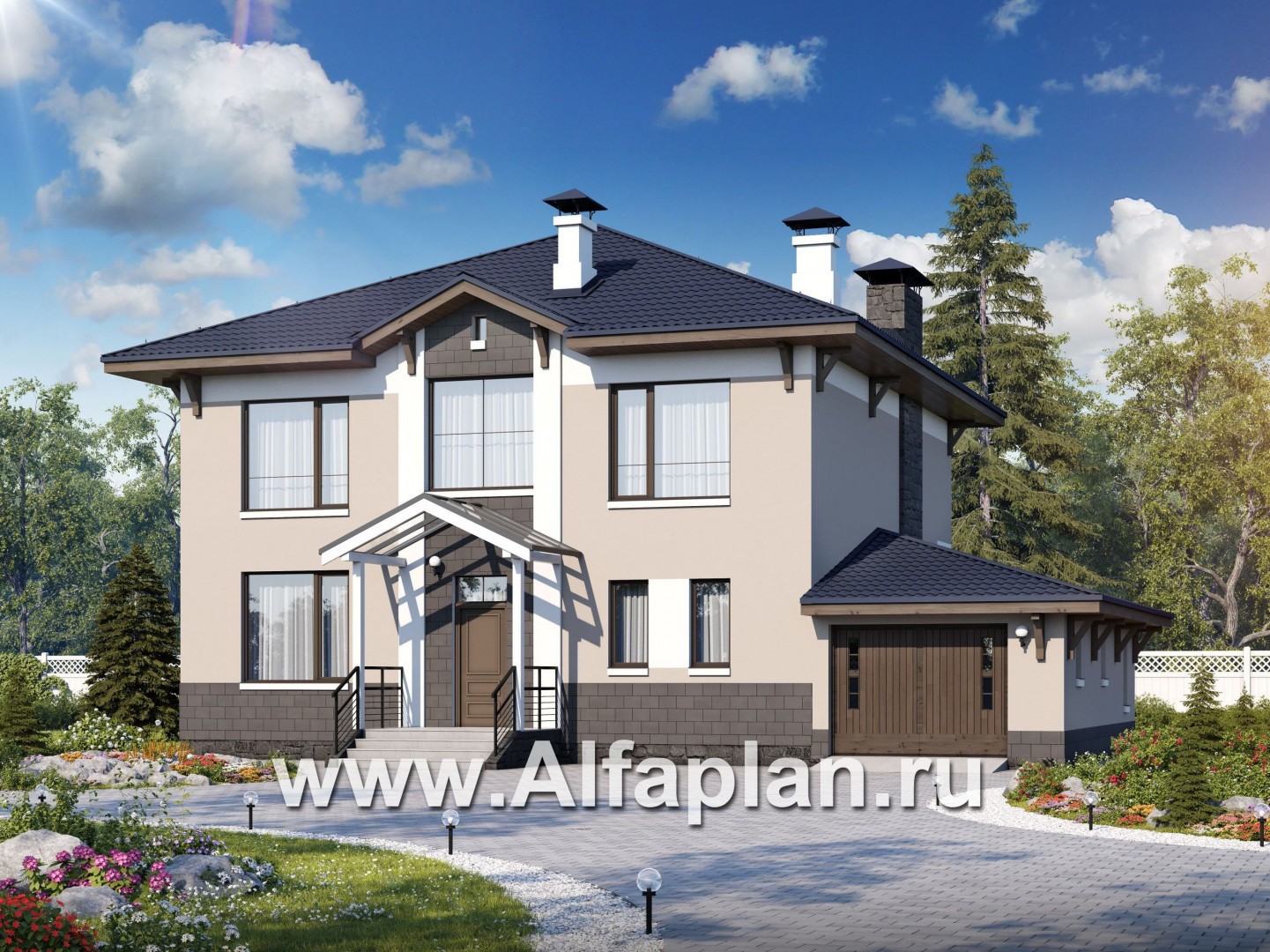 Проекты домов Альфаплан - «Четыре сезона» - современный дом с гаражом и эффектной гостиной - основное изображение