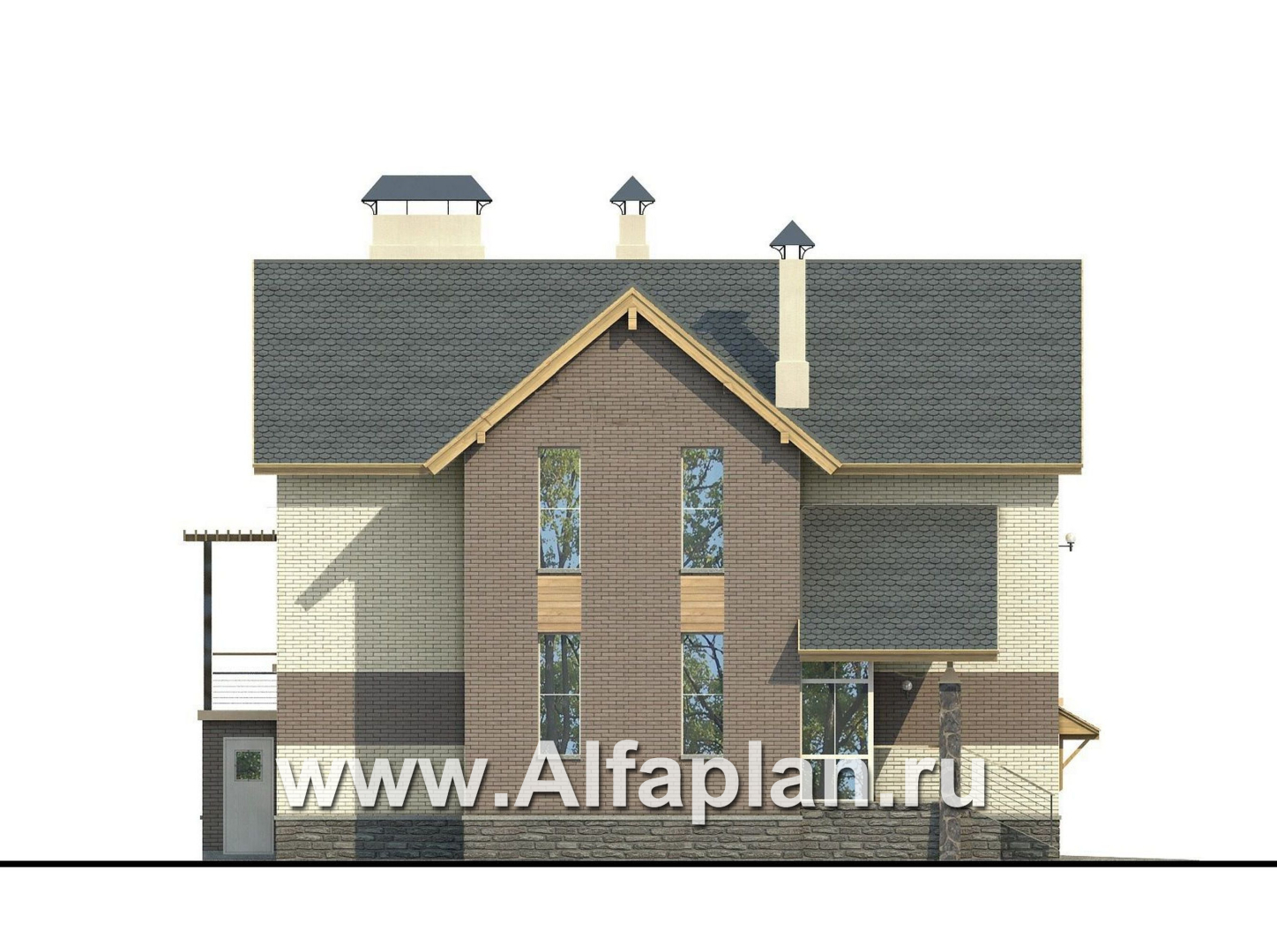 Проекты домов Альфаплан - «Эврика» - проект трехэтажного дома, планировка с увеличенной прихожей, с гаражом в цоколе, для узкого участка - изображение фасада №2
