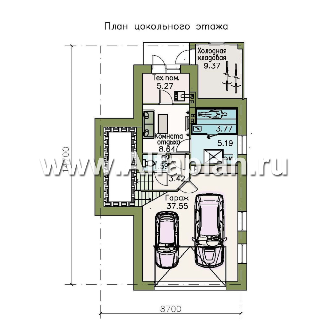 Проекты домов Альфаплан - «Эврика» - проект трехэтажного дома, планировка с увеличенной прихожей, с гаражом в цоколе, для узкого участка - план проекта №1
