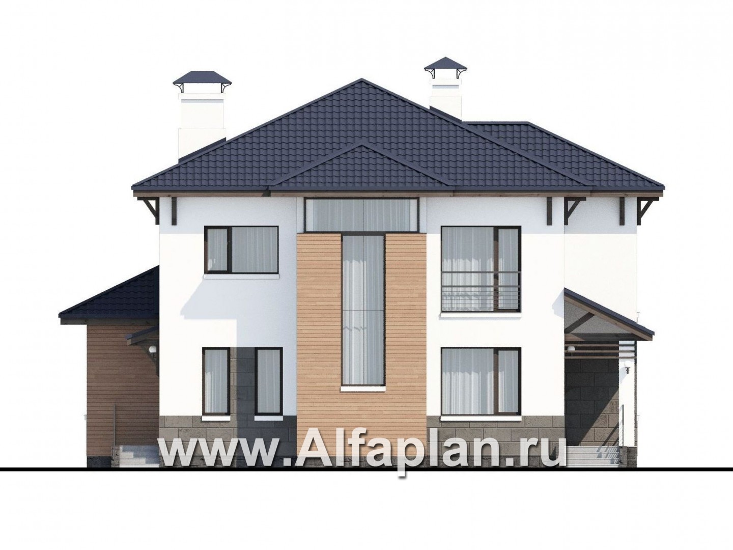 Проекты домов Альфаплан - «Эликсир» - современный коттедж с эффектной гостиной - изображение фасада №1