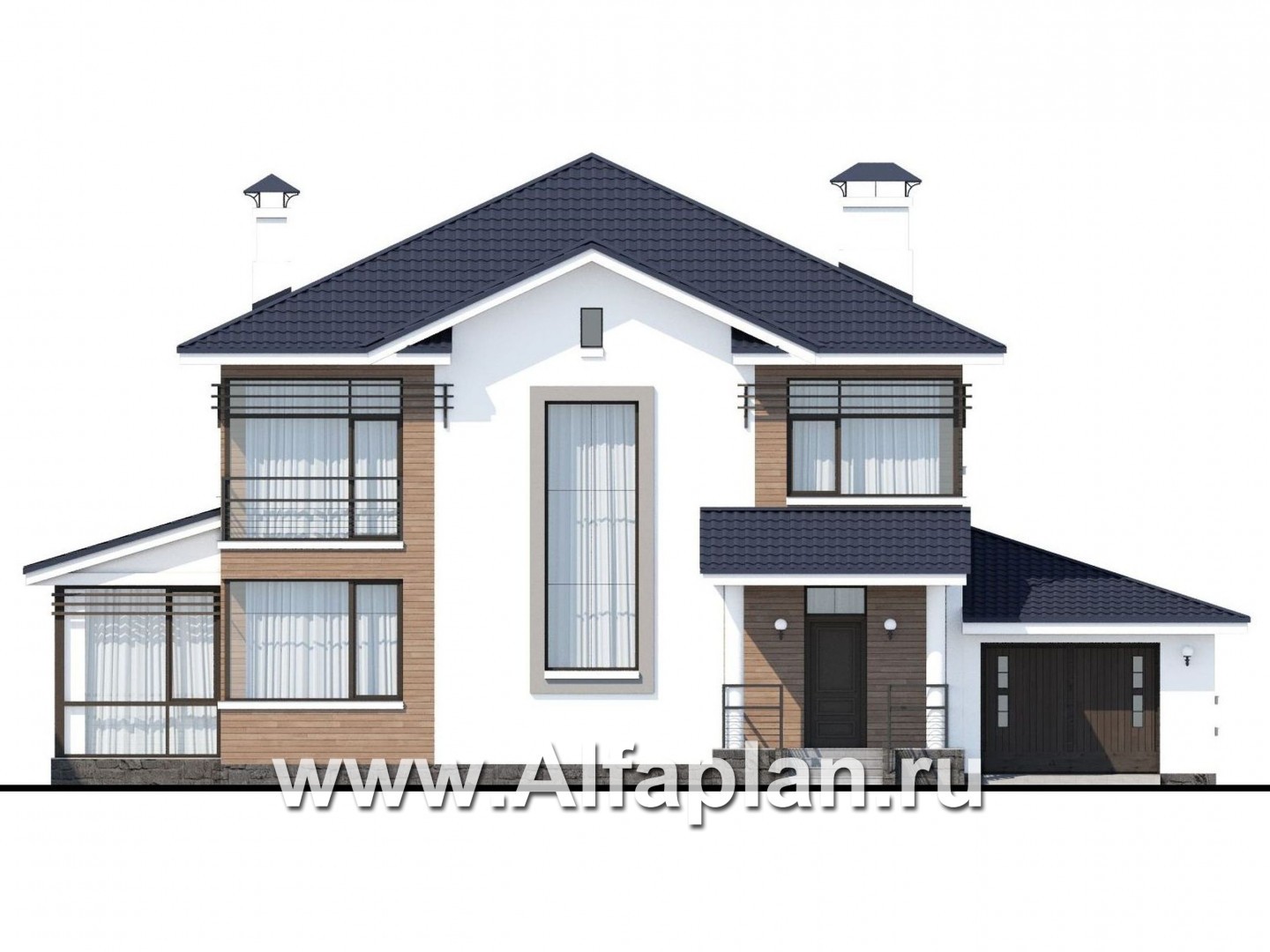 Проекты домов Альфаплан - «Рассвет» - коттедж с эффектными угловыми окнами, гаражом и верандой - изображение фасада №1