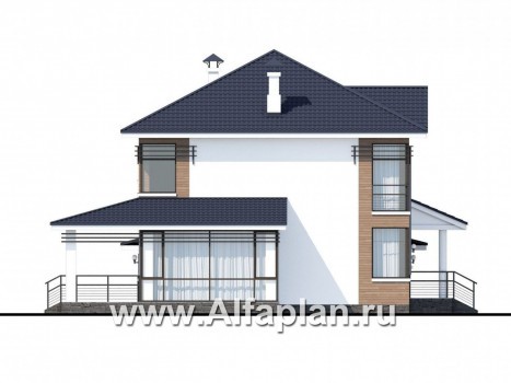 Проекты домов Альфаплан - «Рассвет» - коттедж с эффектными угловыми окнами, гаражом и верандой - превью фасада №2