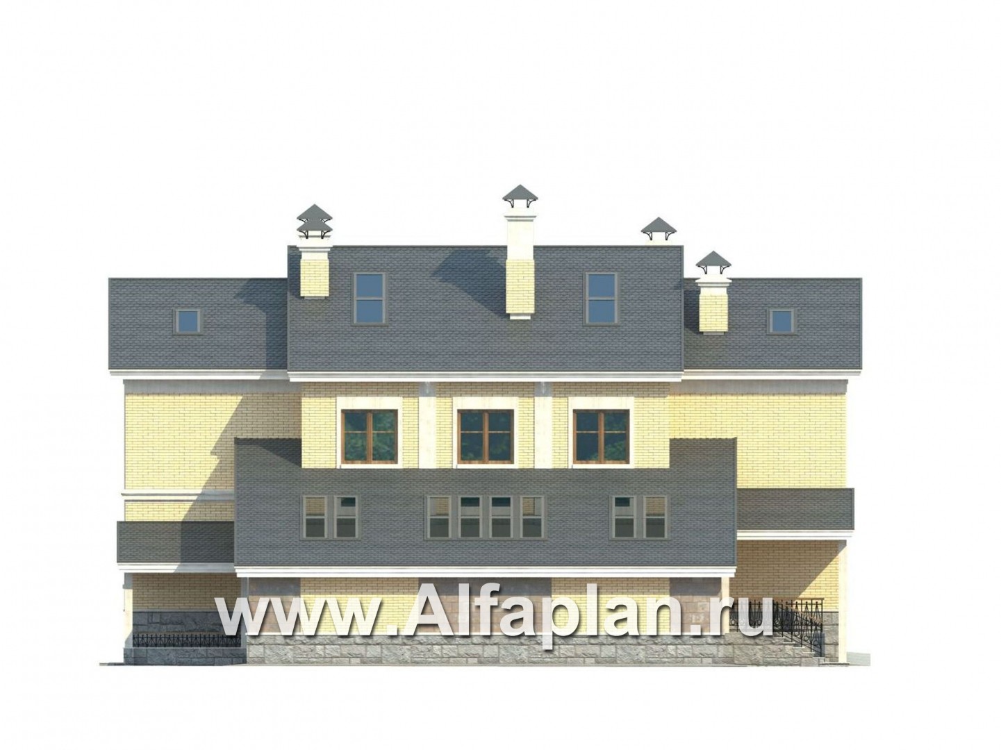 Проекты домов Альфаплан - «Поместье» - проект двухэтажного дома, с мансардойи двусветной гостиной, вилла в классическом стиле - изображение фасада №4