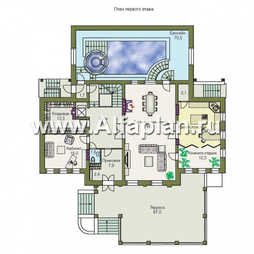 Проекты домов Альфаплан - «Поместье» - проект двухэтажного дома, с мансардойи двусветной гостиной, вилла в классическом стиле - план проекта №2