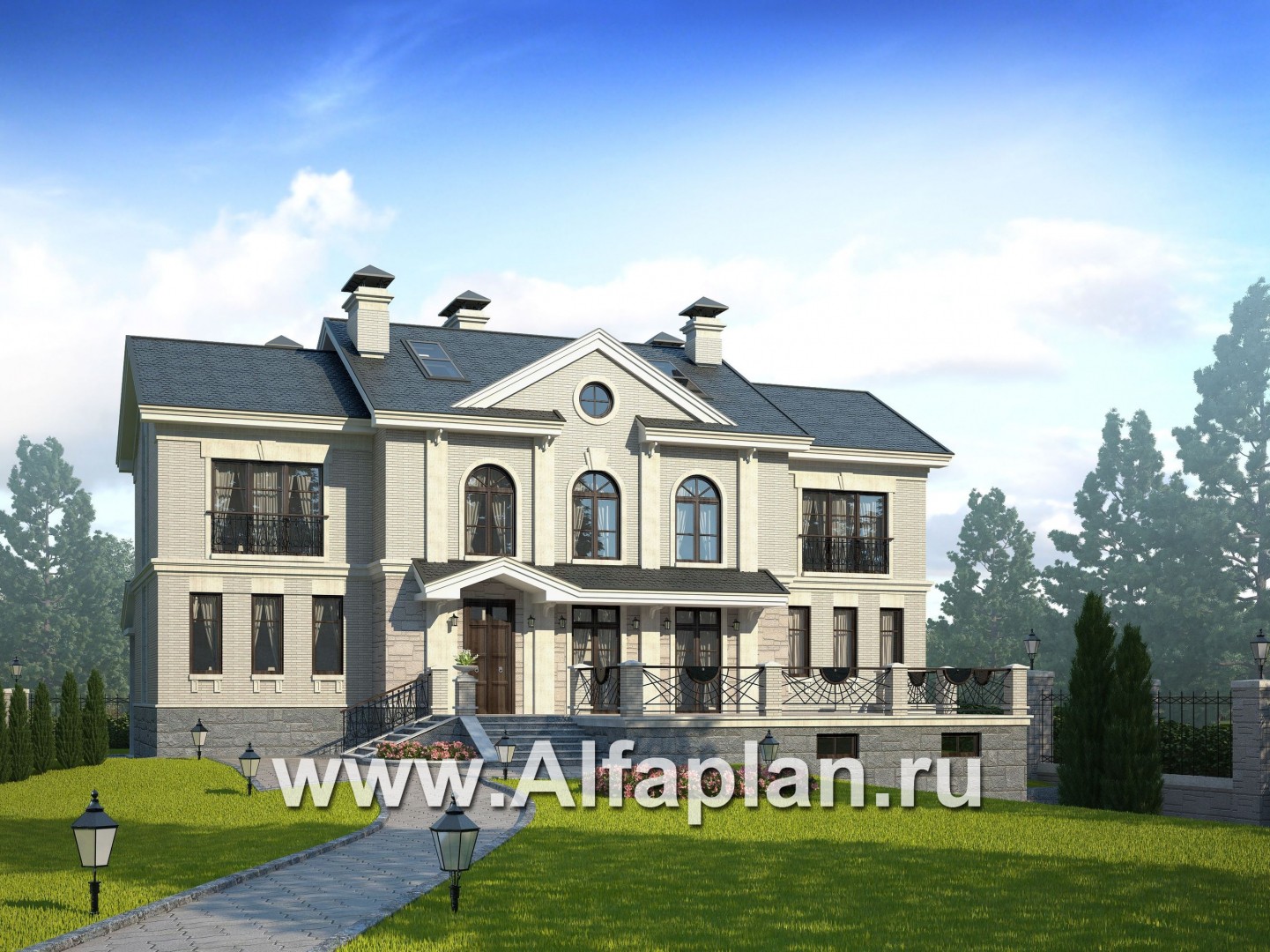 Проекты домов Альфаплан - «Поместье» - проект двухэтажного дома, с мансардойи двусветной гостиной, вилла в классическом стиле - основное изображение