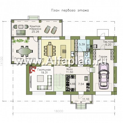 Проекты домов Альфаплан - «Земляничная поляна» - двухэтажный коттедж с гаражом и верандой - превью плана проекта №1