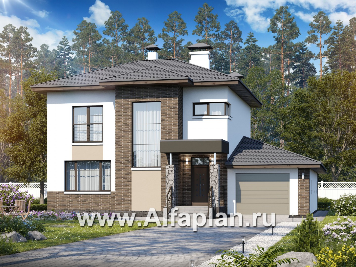 Проекты домов Альфаплан - «Приоритет» - современный экономичный дом с гаражом - основное изображение