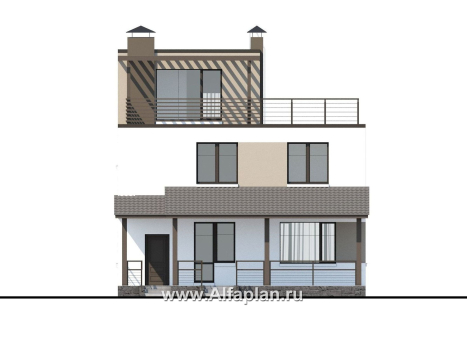 «Приоритет» - проект двухэтажного дома из газобетона, с открытой планировкой,  с эксплуатируемой крышей, в стиле хай-тек - превью фасада дома