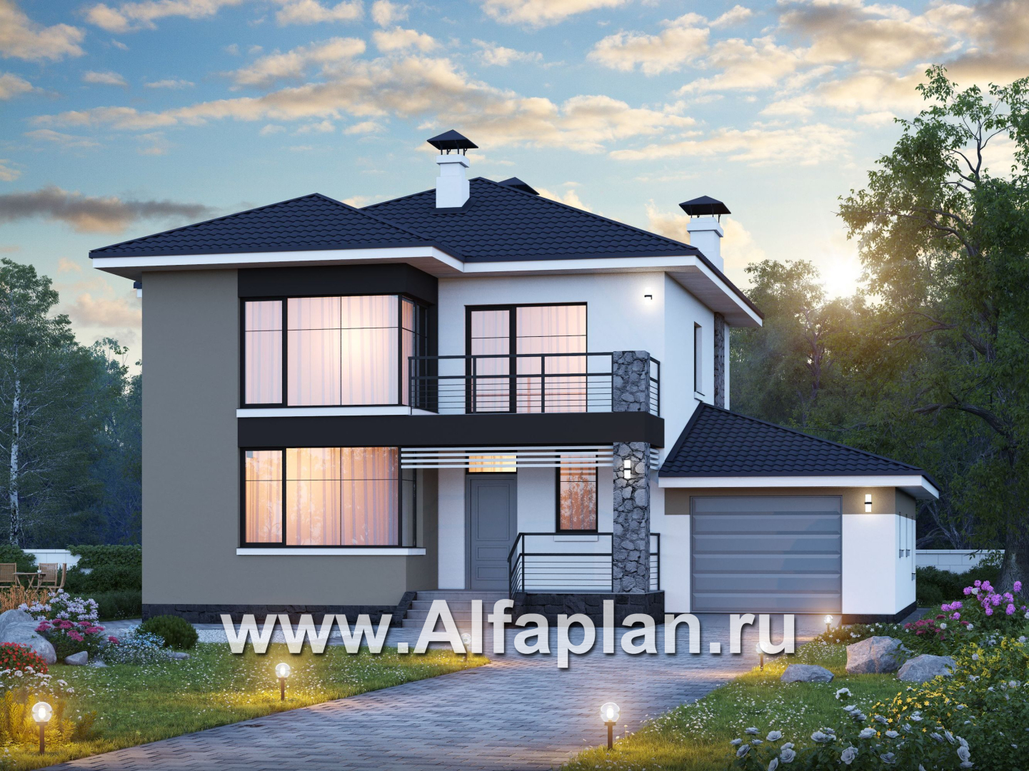 Проекты домов Альфаплан - «Лотос» - компактный современный двухэтажный дом с гаражом - основное изображение