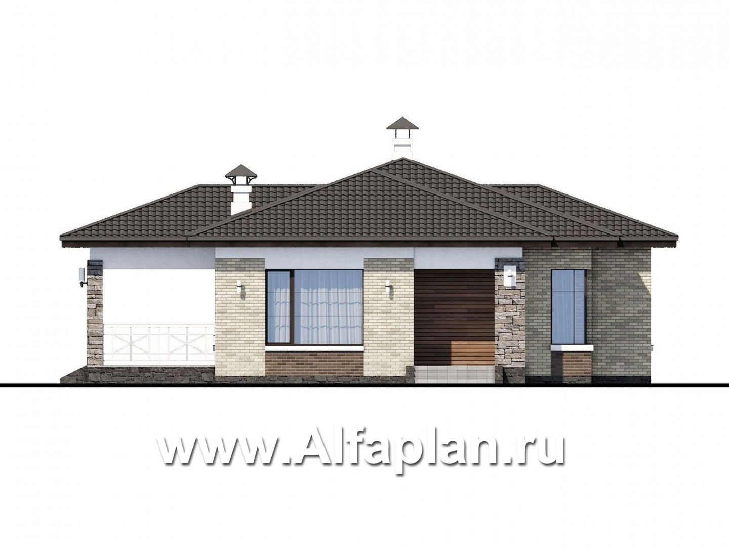 Проекты домов Альфаплан - «Грация» - проект одноэтажного дома, планировка дома с террасой, в современном стиле - изображение фасада №1