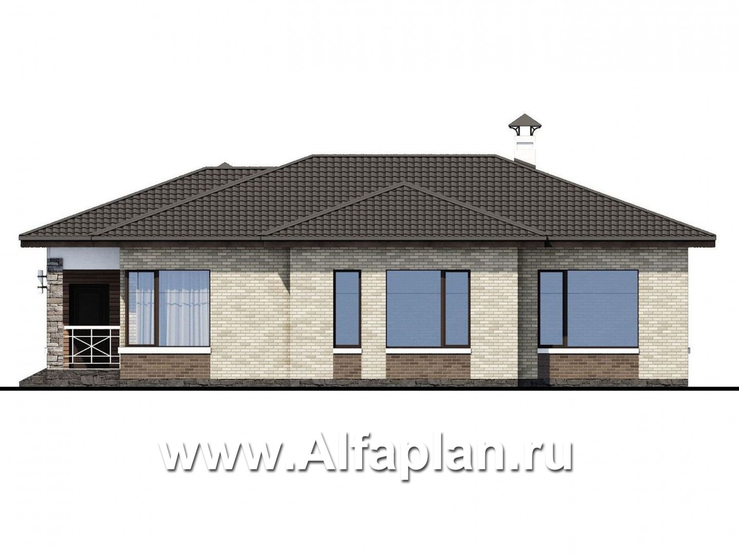 Проекты домов Альфаплан - «Грация» - проект одноэтажного дома, планировка дома с террасой, в современном стиле - изображение фасада №2