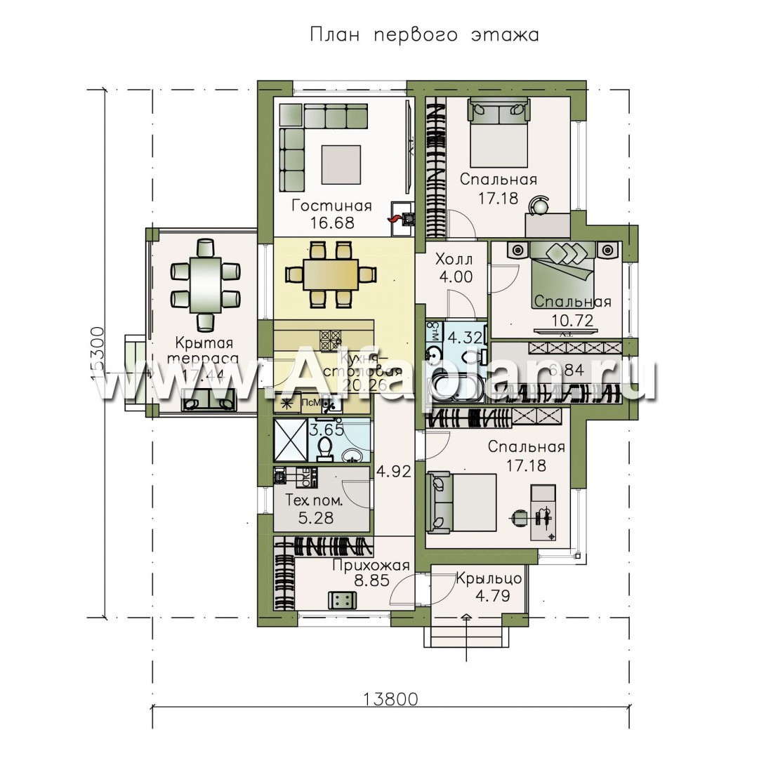 Проекты домов Альфаплан - «Грация» - проект одноэтажного дома, планировка дома с террасой, в современном стиле - изображение плана проекта №1