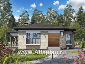 Проекты домов Альфаплан - «Грация» - проект одноэтажного дома, планировка дома с террасой, в современном стиле - превью основного изображения