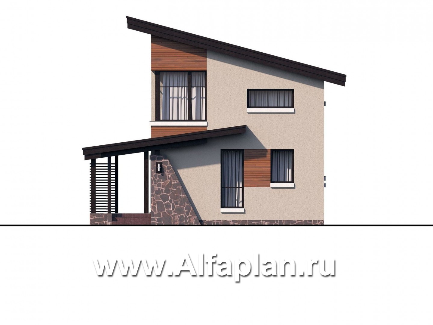 Проекты домов Альфаплан - «Писарро» - проект двухэтажного дома для узкого участка, с террасой и сауной, с односкатной кровлей в стиле минимализм - изображение фасада №1