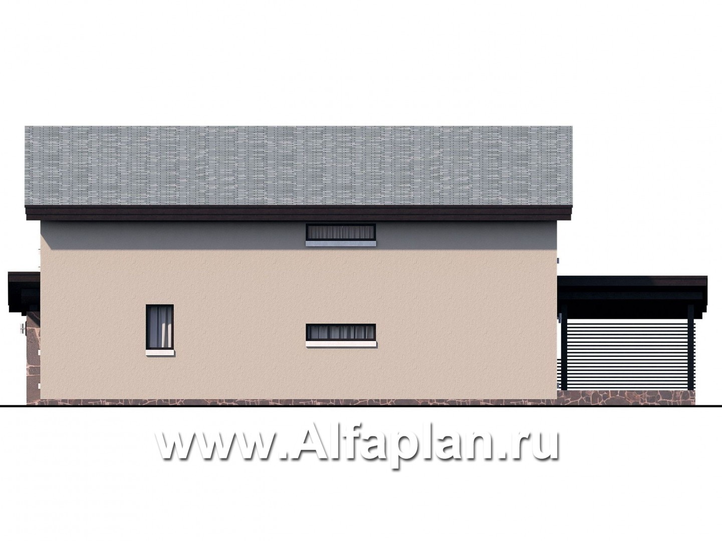Проекты домов Альфаплан - «Писарро» - проект двухэтажного дома для узкого участка, с террасой и сауной, с односкатной кровлей в стиле минимализм - изображение фасада №2