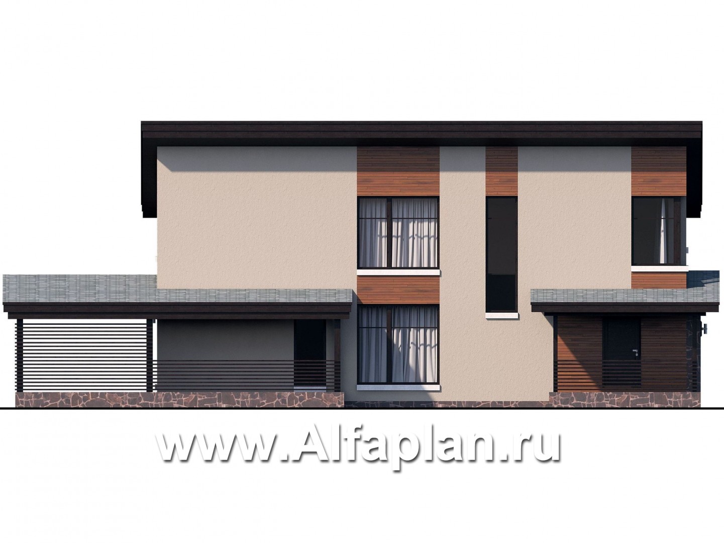 Проекты домов Альфаплан - «Писарро» - проект двухэтажного дома для узкого участка, с террасой и сауной, с односкатной кровлей в стиле минимализм - изображение фасада №3
