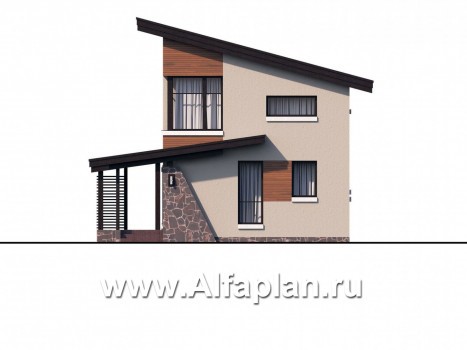 Проекты домов Альфаплан - «Писарро» - проект двухэтажного дома для узкого участка, с террасой и сауной, с односкатной кровлей в стиле минимализм - превью фасада №1