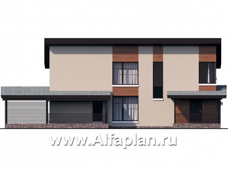 Проекты домов Альфаплан - «Писарро» - проект двухэтажного дома для узкого участка, с террасой и сауной, с односкатной кровлей в стиле минимализм - превью фасада №3