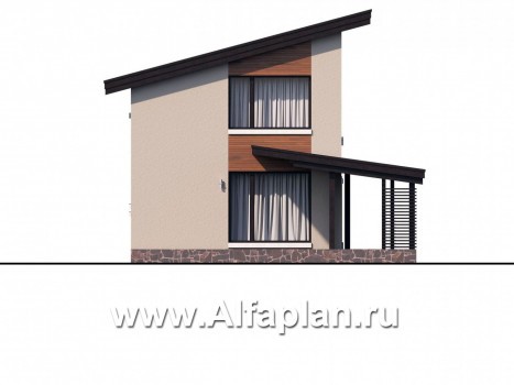 Проекты домов Альфаплан - «Писарро» - проект двухэтажного дома для узкого участка, с террасой и сауной, с односкатной кровлей в стиле минимализм - превью фасада №4