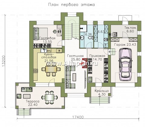 «Арт-Нуво» - проект двухэтажного дома,  с террасой и гражом, в стиле модерн - превью план дома